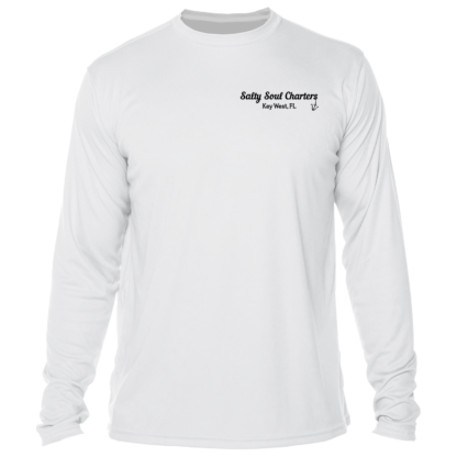 A white long-sleeve rash guard with the words "Salty Soul Charters UPF 50+".