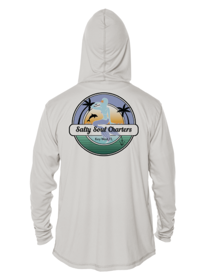 A Salty Soul Charters UPF 50+ Hoodie with an image of a palm tree.