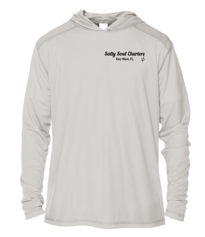 A Salty Soul Charters UPF 50+ Hoodie with the words st. john, now available in sun protective clothing.