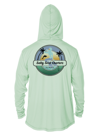 A Salty Soul Charters UPF 50+ Hoodie with a palm tree.