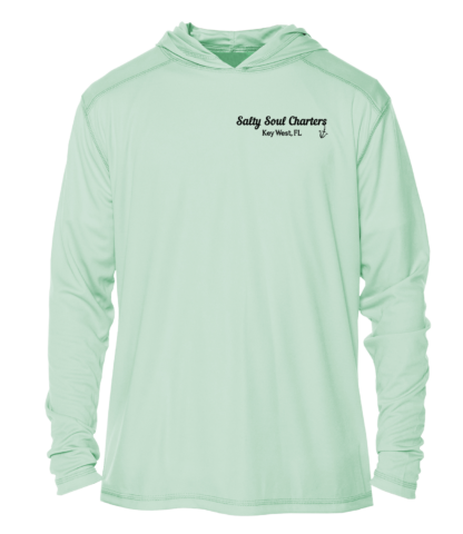 A Salty Soul Charters UPF 50+ Hoodie with the words baby on it.