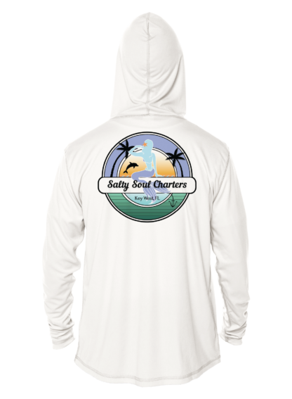 A Salty Soul Charters UPF 50+ Hoodie with an image of a palm tree.