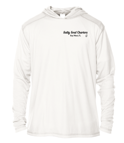 A Salty Soul Charters UPF 50+ Hoodie with a black logo, also known as a swim shirt.