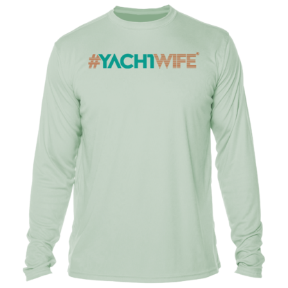 A men's long-sleeve t-shirt with the word yachtwife on it, perfect as a sun shirt or UPF clothing option.