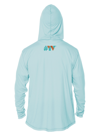 A light blue hoodie with the word vvv on it.