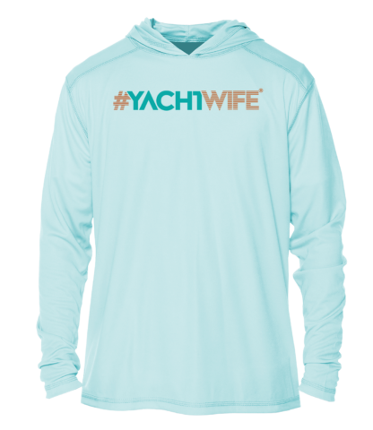 A light blue swim shirt with the word yachtwife on it, offering UV protection.