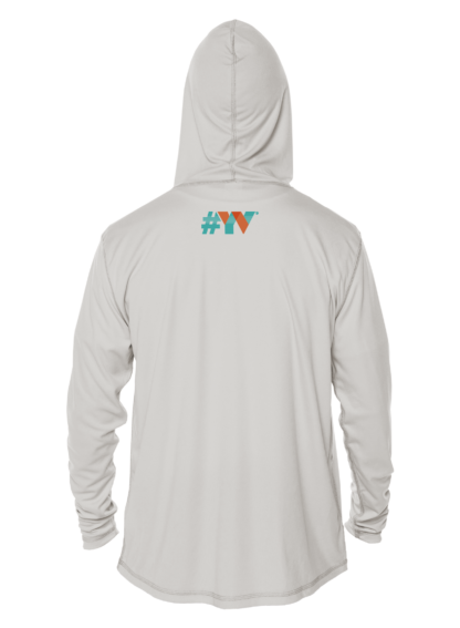 A white rash guard hoodie with the word vvv on it.