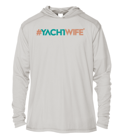 A white hoodie with the word yachtwife on it, doubling as a UPF clothing.