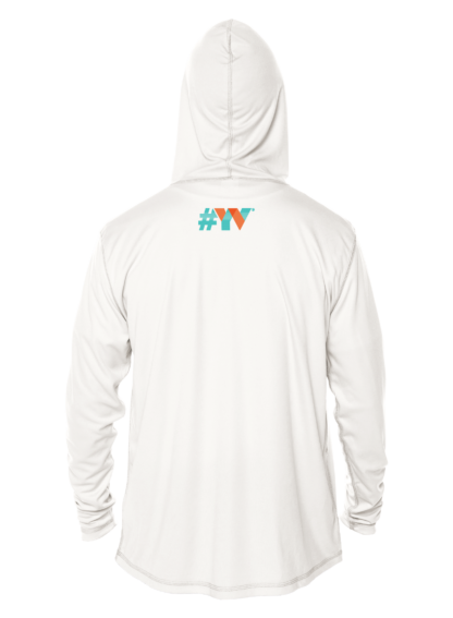 A white hoodie with the word vvv on it, perfect as a uv shirt or upf clothing.