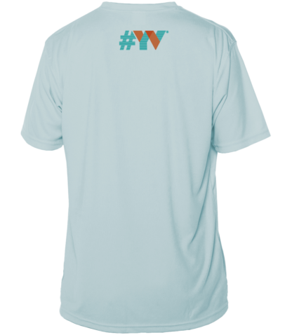 The back of a light blue t-shirt with the word vy on it, a sun shirt.