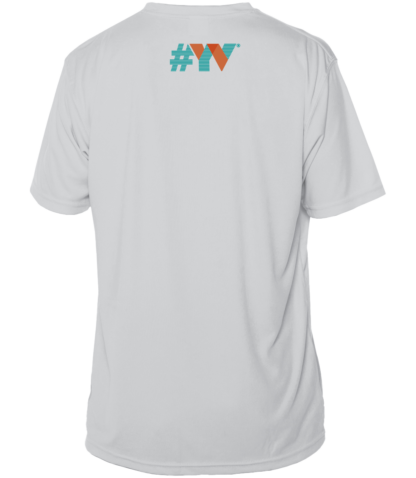 The back of a white sun shirt with the word vy on it.