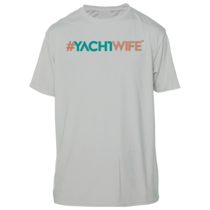A white rash guard with the word yachtwife on it.