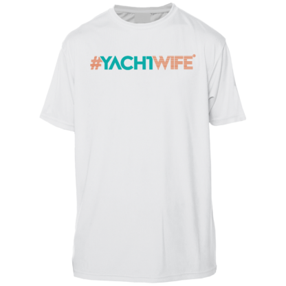 A white rash guard shirt with the word yachtwife on it.