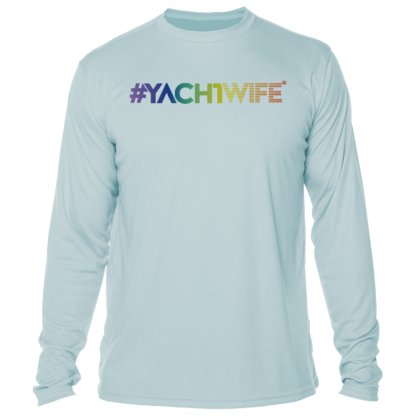 A light blue long-sleeve sun shirt with the word yachtwife on it.