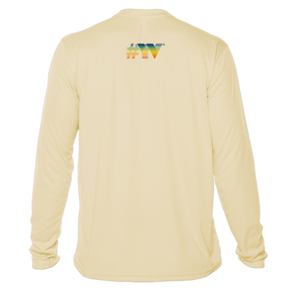 A beige long-sleeved t-shirt with a rainbow logo on the front, perfect as a UV shirt for swimming or as a swim shirt.