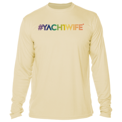 A men's long-sleeve sun shirt with the word yachtwife on it.
