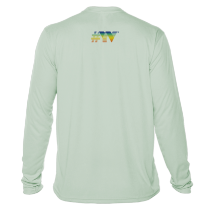 A green long-sleeve t-shirt with a rainbow logo on the front, suitable as sun protective clothing or swim shirt.