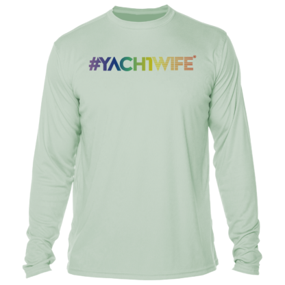 A men's long-sleeve sun shirt with the word yachtwife on it.
