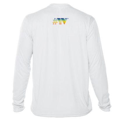 A white long-sleeve t-shirt with a rainbow logo on it, offering sun protection.