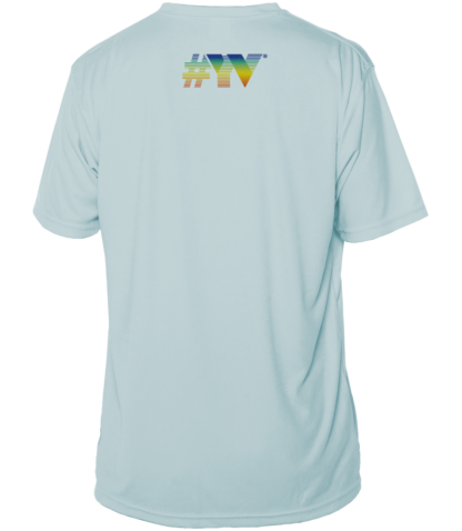 The back of a light blue UV shirt with the word vv on it.
