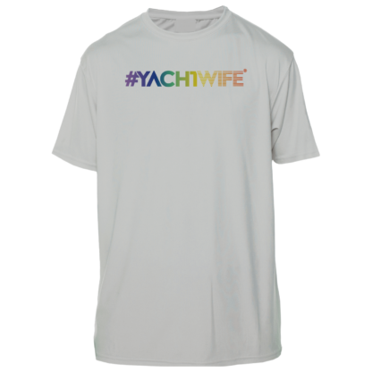 A white sun shirt with the word yachtwife on it.