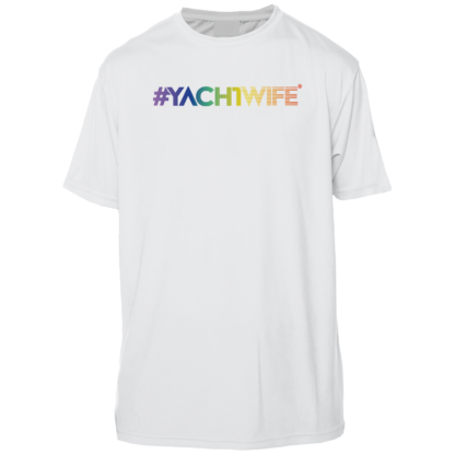 A white UV shirt with the word yachtwife on it.