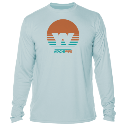 A long-sleeve swim shirt with a sunset on it.
