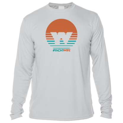 A white long-sleeve sun shirt with an orange and blue sunset.