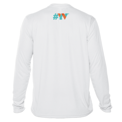 A white long sleeve rash guard with the word ww on it.