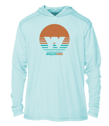 A blue hoodie with a sunset on it, perfect for those looking for a UV shirt or sun shirt.