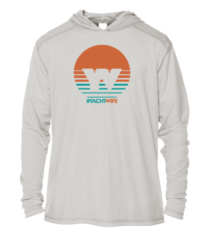 A white hoodie with an orange and blue sunset on it, serving as sun protective clothing.