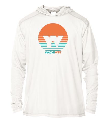 A white hoodie with an orange and white sun protective design.