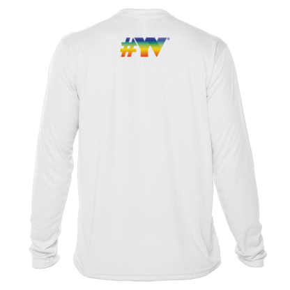 A white long-sleeve t-shirt with a rainbow logo on it, ideal as a UV shirt or sun shirt.