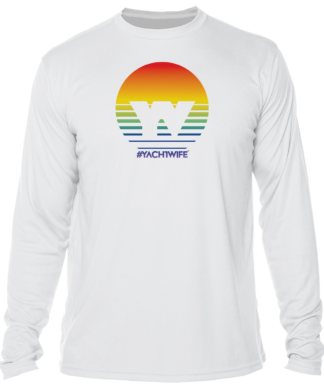 A white long-sleeve sun shirt with an image of a sunset.