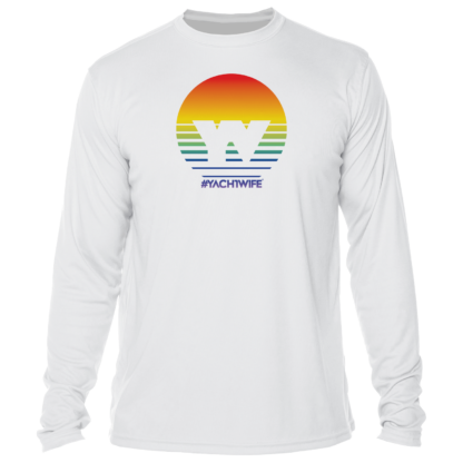 A white long-sleeve sun shirt with an image of a sunset.