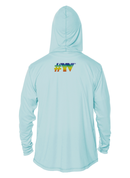 A light blue hoodie with the word vtv on it, perfect for sun protective clothing.
