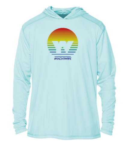 A blue hoodie with a sunset on it, perfect as a UV shirt.