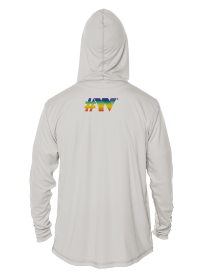 A white hoodie with rainbow stripes on it.