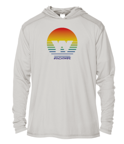 A white hoodie with an image of a sunset, perfect for sun protective clothing.