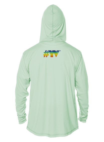 A green hoodie with the word vtv on it, perfect for sun protection and as a swim shirt.