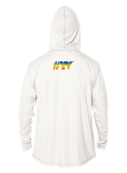 A white hoodie with rainbow stripes on it, perfect for sunny days as a sun shirt or swim shirt.