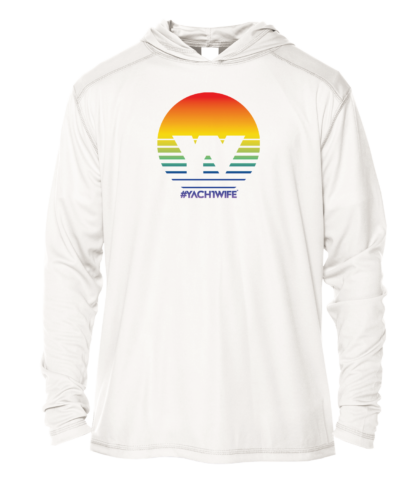 A white hoodie with an image of a sunset, perfect as a sun shirt.