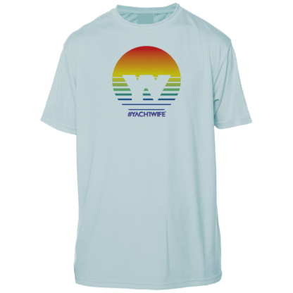 A light blue UPF t-shirt with a sunset on it.