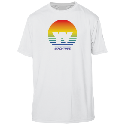 A white sun shirt with an image of a sunset.
