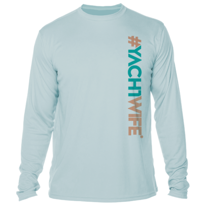 A long-sleeved swim shirt with the word yachtwife on it, providing UPF sun protection.