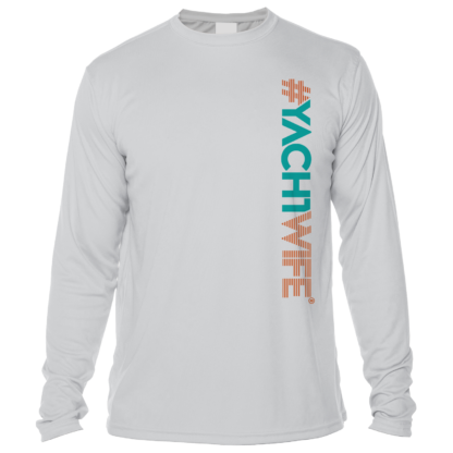A long-sleeve UPF shirt with the word yach wife on it.