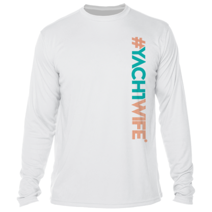 A white long-sleeve UV shirt with the word yachtwife on it.