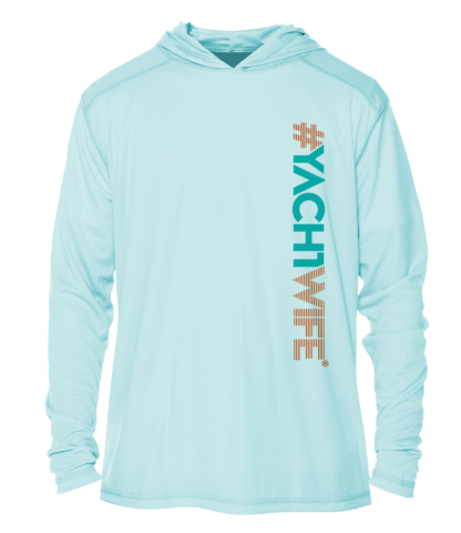 A turquoise hoodie with the words yachwife and uv shirt on it.