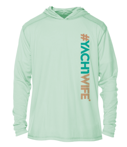 A mint green hoodie, perfect as a rash guard or swim shirt, with the word yachtwife on it.