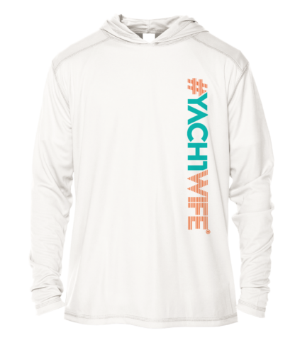 A white hoodie with the word yachtwife on it, serving as a stylish swim shirt.